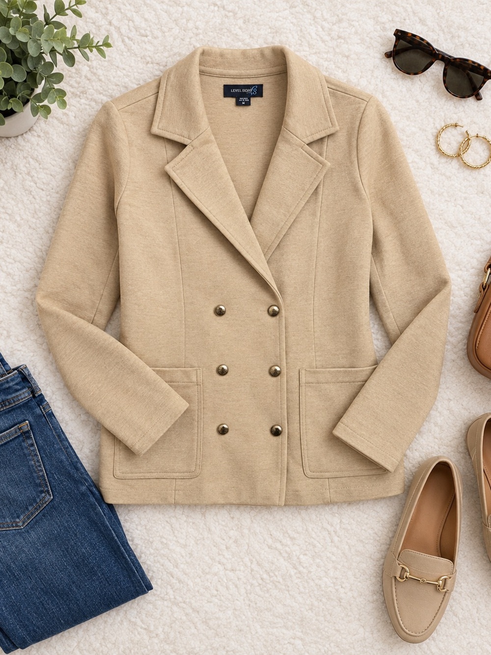 Level Eight Beige Double-Breasted Knit Blazer Jacket – Size M